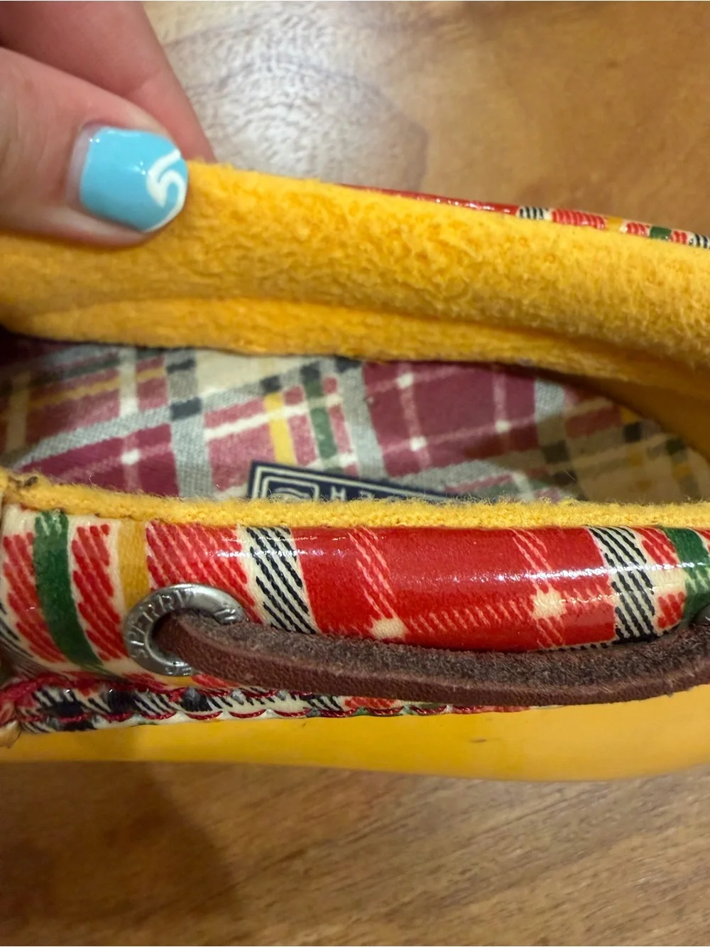 Sperry Yellow and Red Plaid-Trim Duck Boots w/ Leather Laces Women’s Size 8
